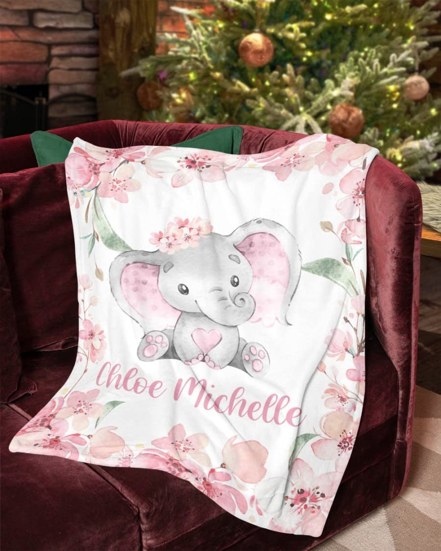 Personalized Baby Blankets - Baby Blanket for Girls with Name, Elephant Blanket - Custom Baby Blanket, Gift for Baby - Fleece, Sherpa Baby Blanket