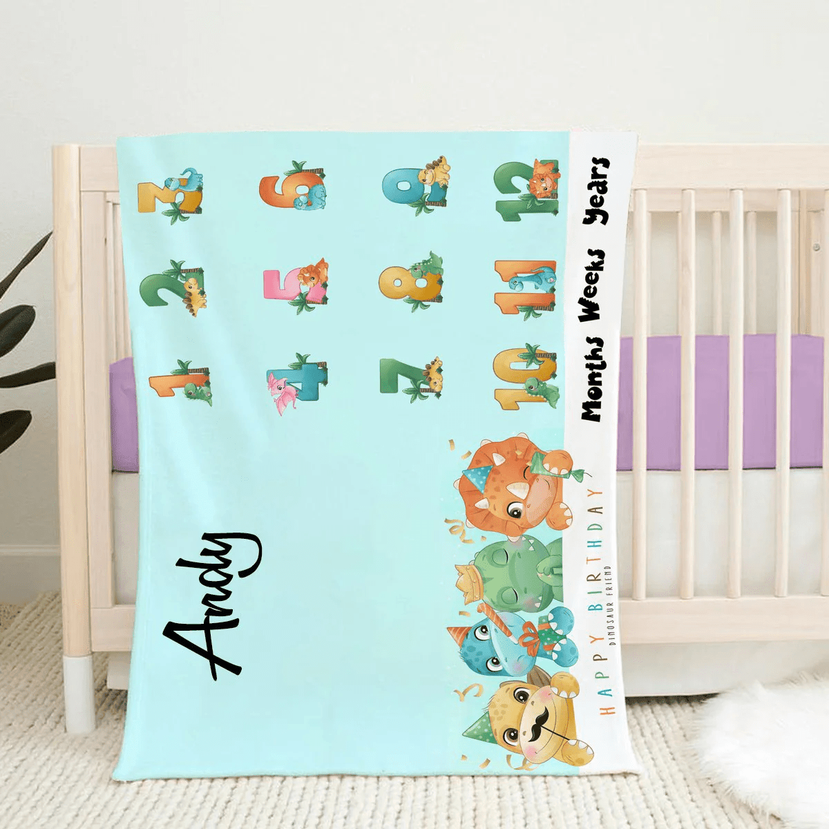 Personalized Baby Blankets Personalized baby milestone blanket with name, Dinosaur And Friends baby blanket Blue color for boy and girl baby