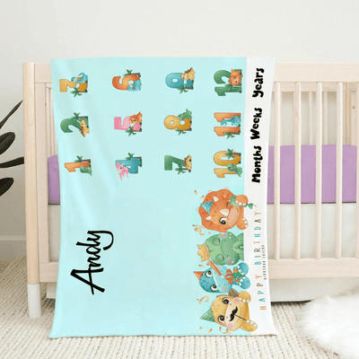 Personalized Baby Blankets Personalized baby milestone blanket with name, Dinosaur And Friends baby blanket Blue color for boy and girl baby