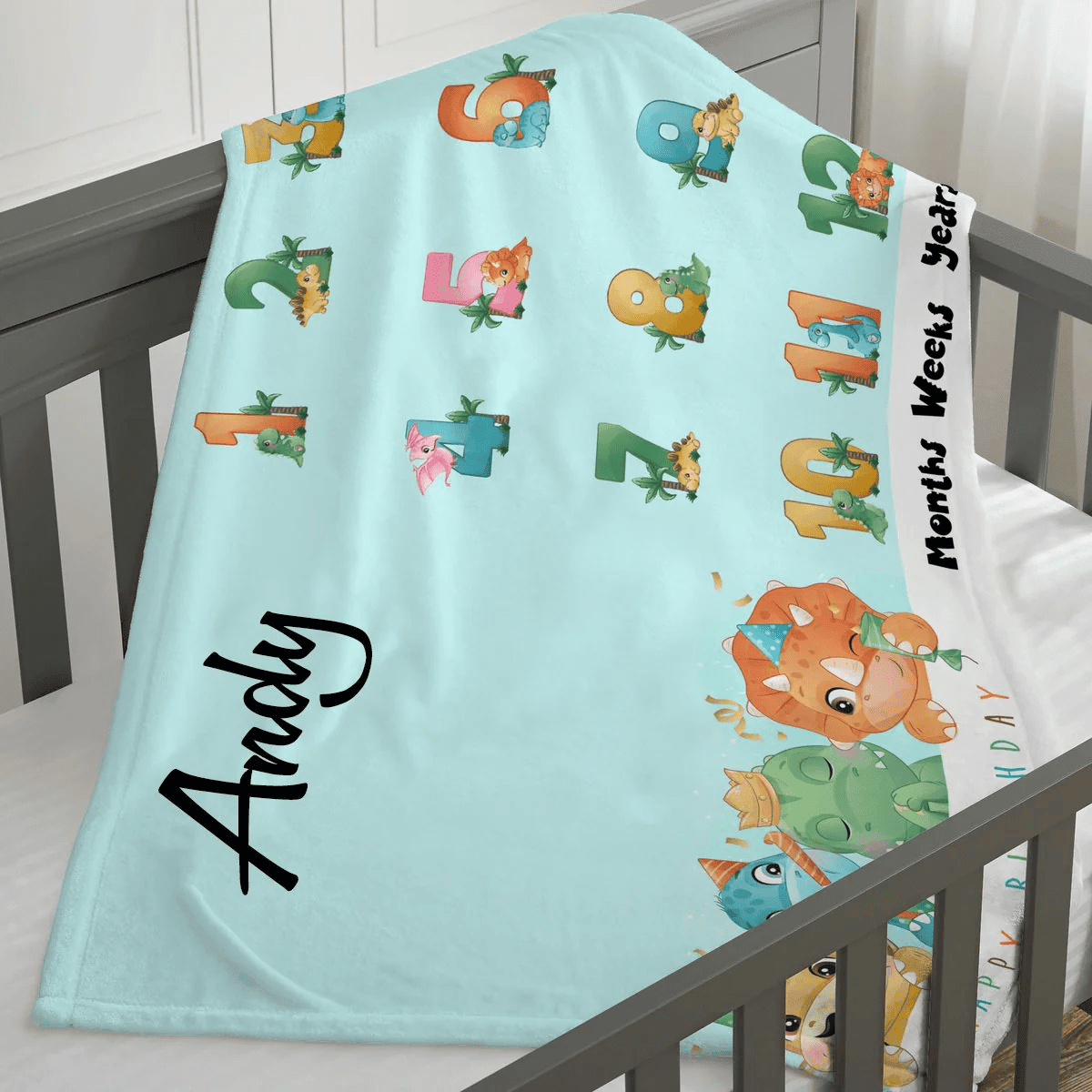 Personalized Baby Blankets Personalized baby milestone blanket with name, Dinosaur And Friends baby blanket Blue color for boy and girl baby