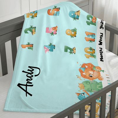 Personalized Baby Blankets Personalized baby milestone blanket with name, Dinosaur And Friends baby blanket Blue color for boy and girl baby