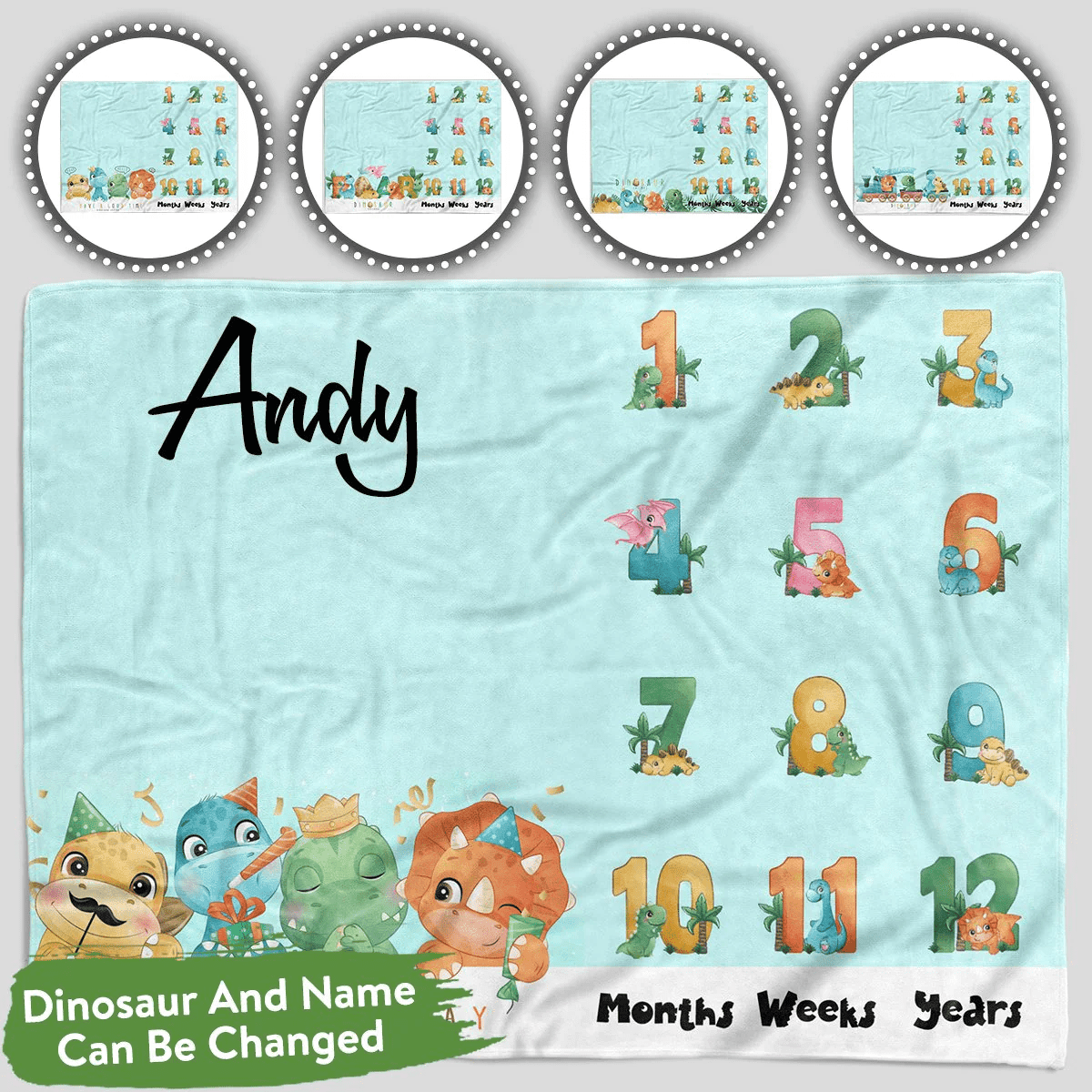 Personalized Baby Blankets Personalized baby milestone blanket with name, Dinosaur And Friends baby blanket Blue color for boy and girl baby