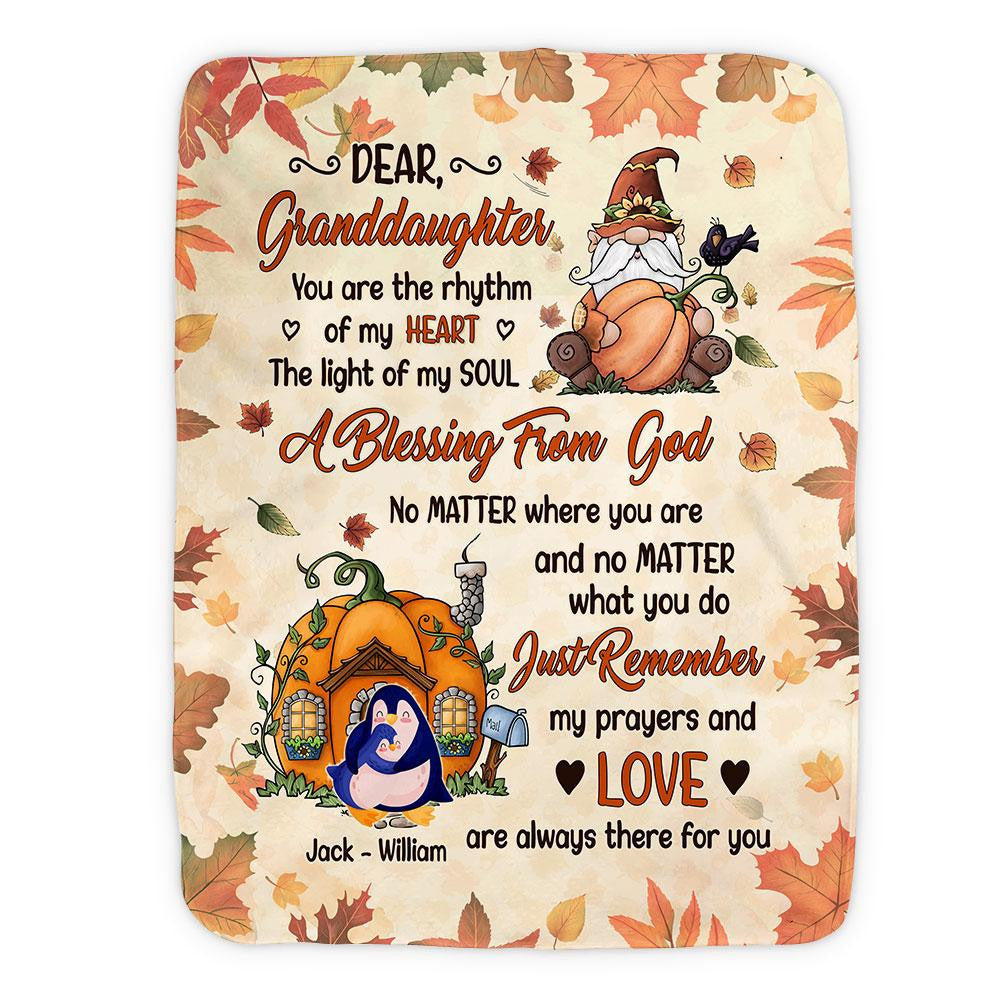 Dear Granddaughter With Animals,Gnome holds pumpkin Personalized Blanket