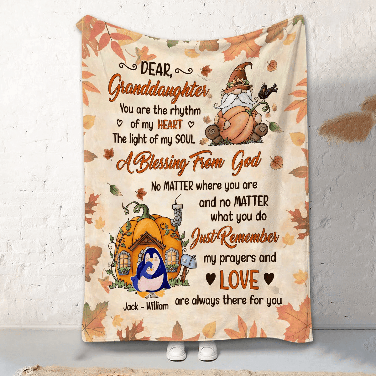 Dear Granddaughter With Animals,Gnome holds pumpkin Personalized Blanket