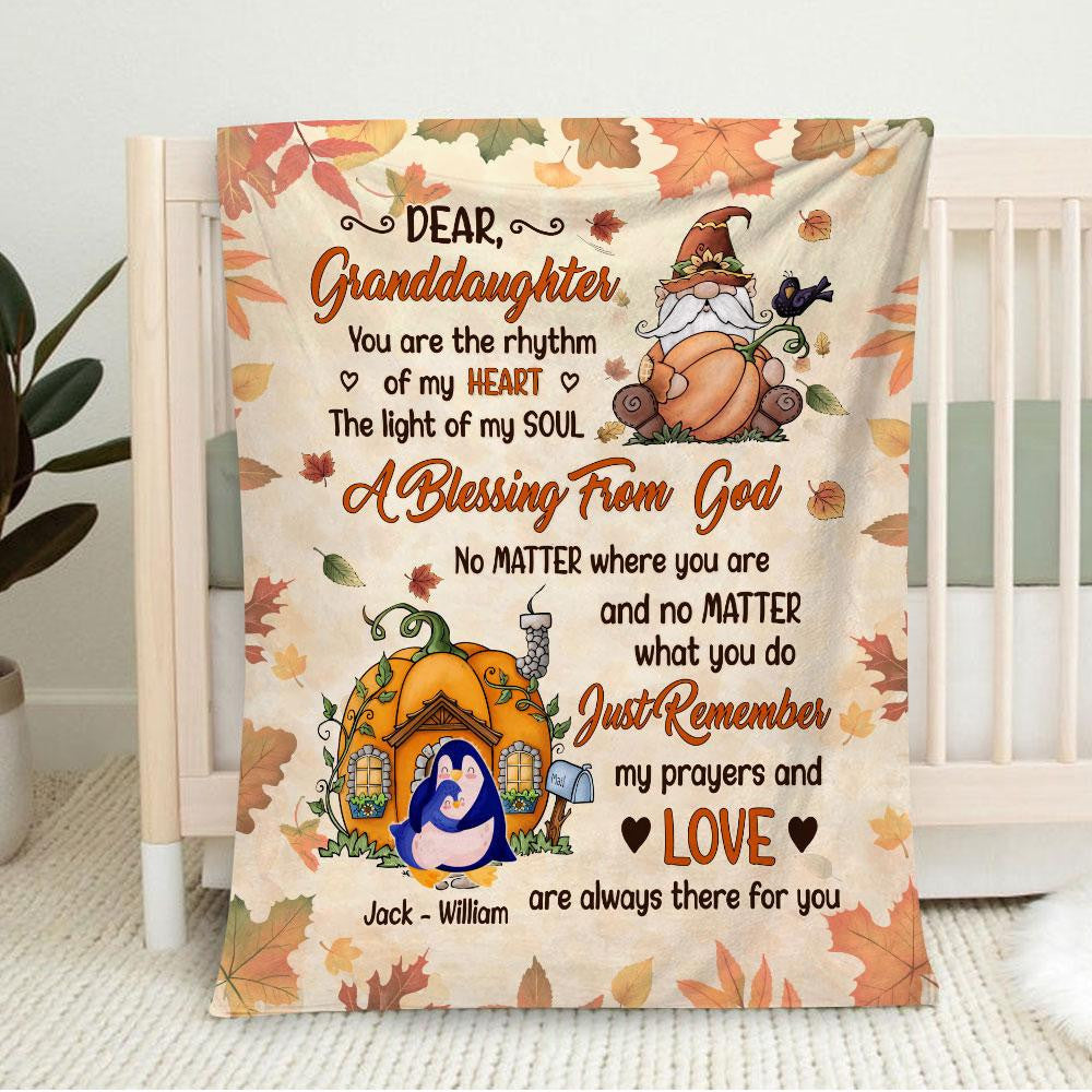Dear Granddaughter With Animals,Gnome holds pumpkin Personalized Blanket