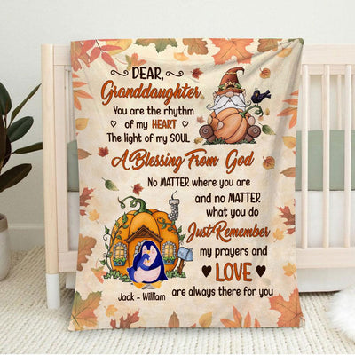 Dear Granddaughter With Animals,Gnome holds pumpkin Personalized Blanket