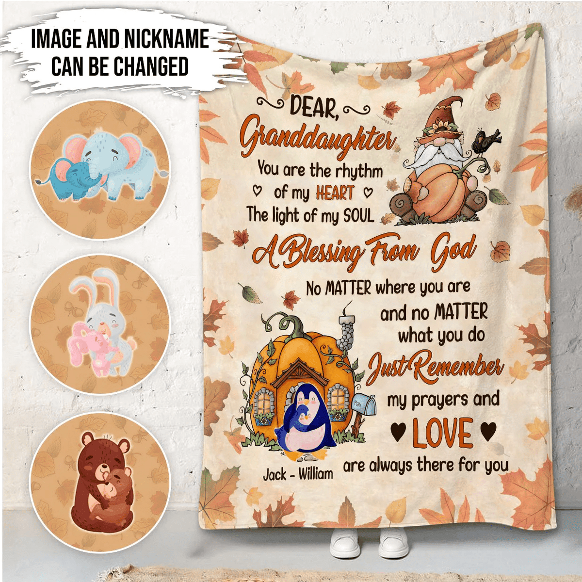 Dear Granddaughter With Animals,Gnome holds pumpkin Personalized Blanket