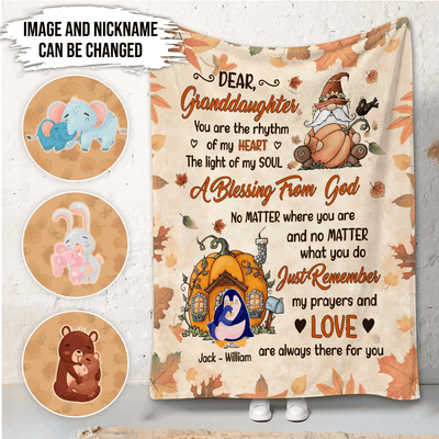 Dear Granddaughter With Animals,Gnome holds pumpkin Personalized Blanket