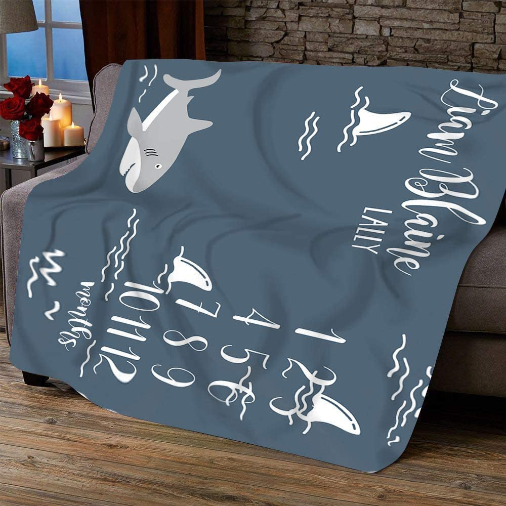 Personalized Blanket - Shark Blanket Monthly Growth Tracker Soft Fleece Blanket Newborn Gift Blanket Watch Me Grow Baby Boy Nautical