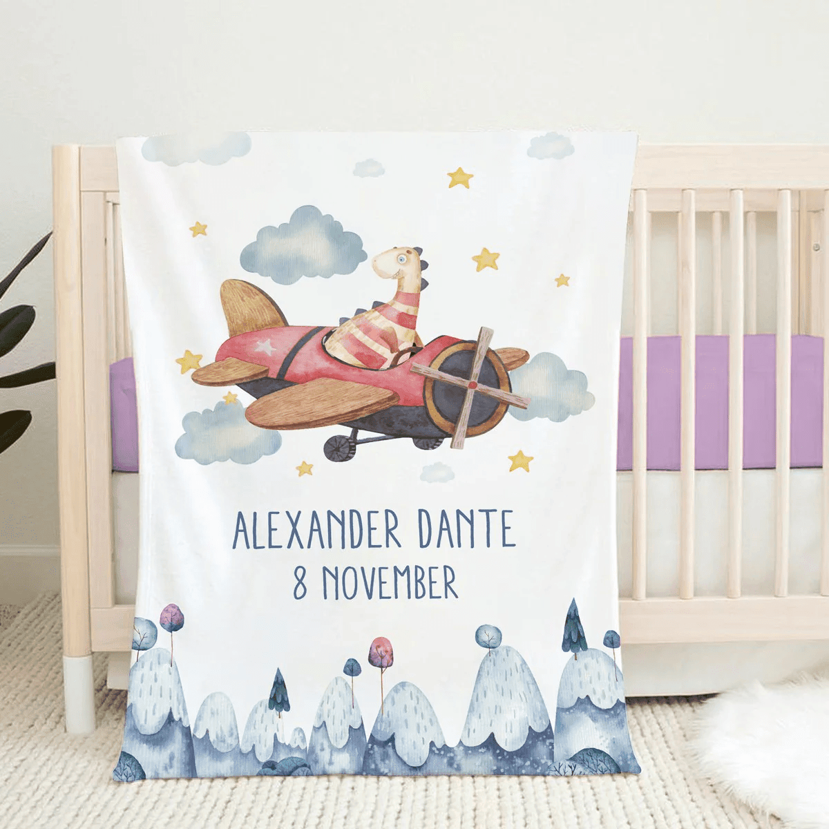 Personalized Baby Blankets with name, airplane Of Dinosaur baby blanket White color for boy and girl baby