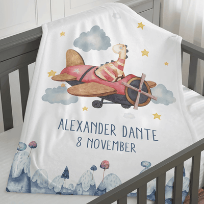 Personalized Baby Blankets with name, airplane Of Dinosaur baby blanket White color for boy and girl baby