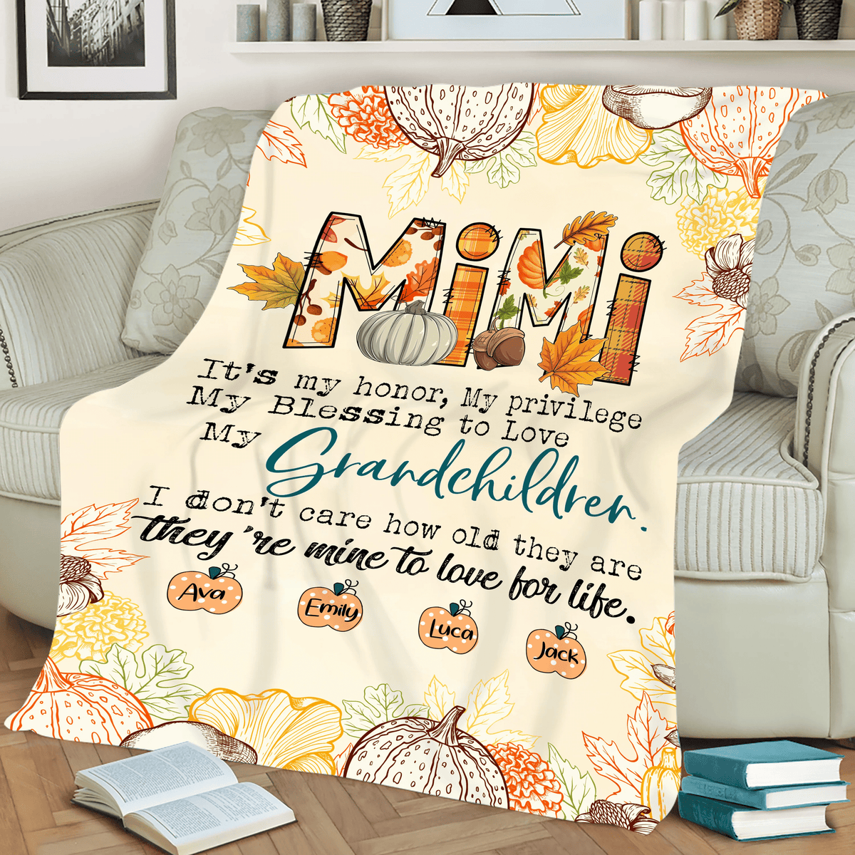 Personalized Grandma Blankets, Custom Nickname and Kid's names, Pumpkin Thanksgiving Blanket