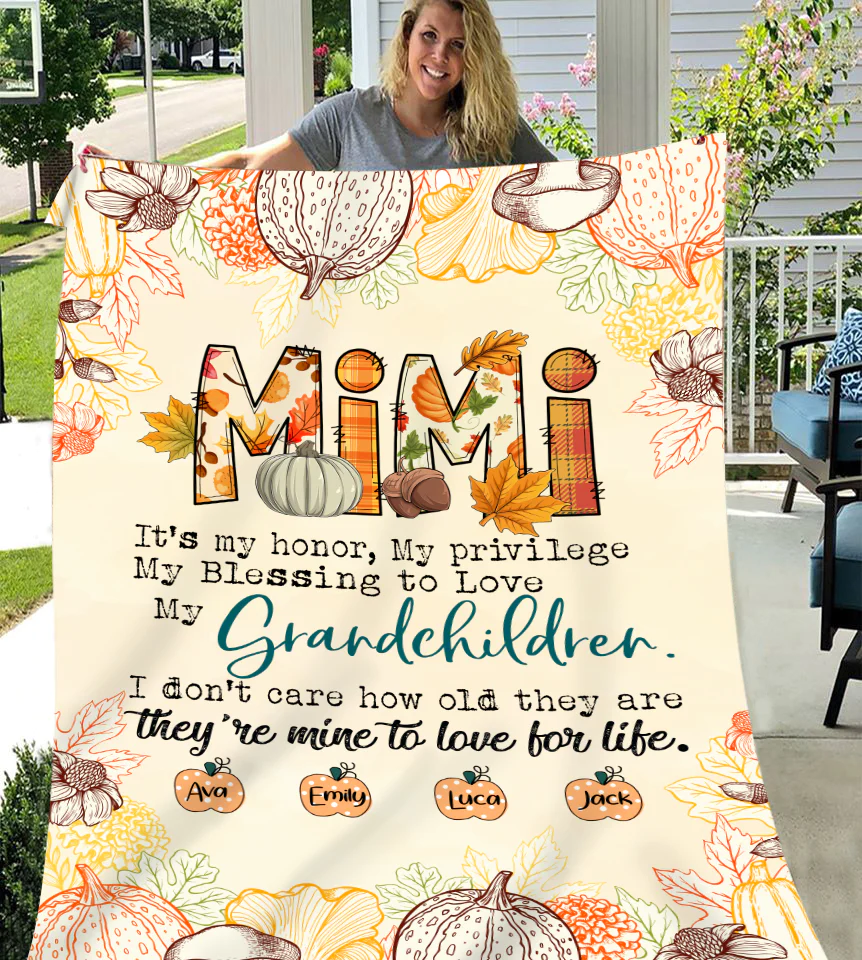 Personalized Grandma Blankets, Custom Nickname and Kid's names, Pumpkin Thanksgiving Blanket