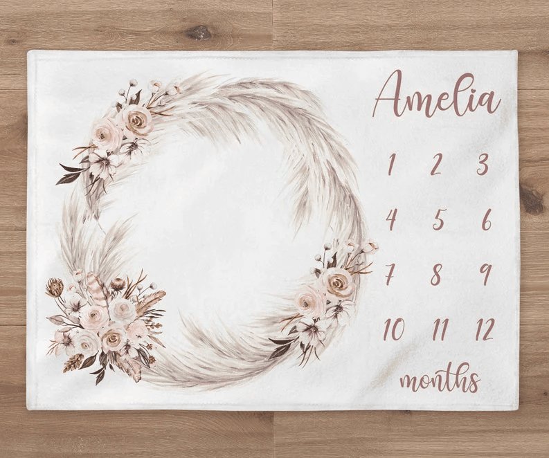 Blanket Custom Girl Flowers Blanket Personalized Pampas Leaves Baby Month Blanket Newborn Gift Boho Baby Shower Gift
