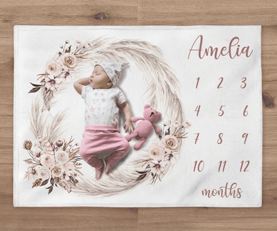Blanket Custom Girl Flowers Blanket Personalized Pampas Leaves Baby Month Blanket Newborn Gift Boho Baby Shower Gift