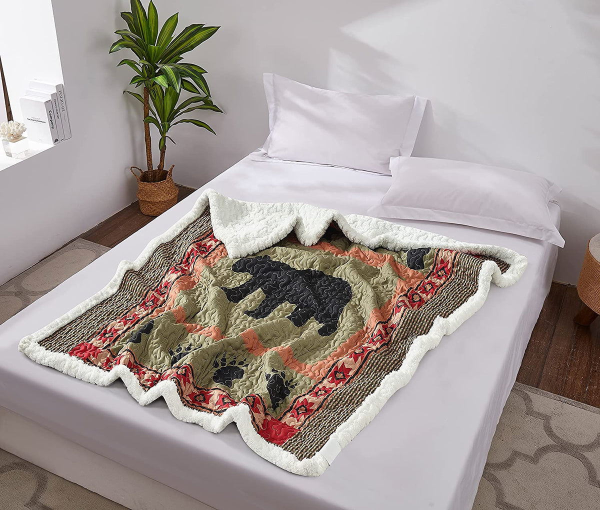 Quilted Bear Rustic Sherpa Throw Blanket For Couch - Bear And Paw Lodge-Themed Throw Quilt