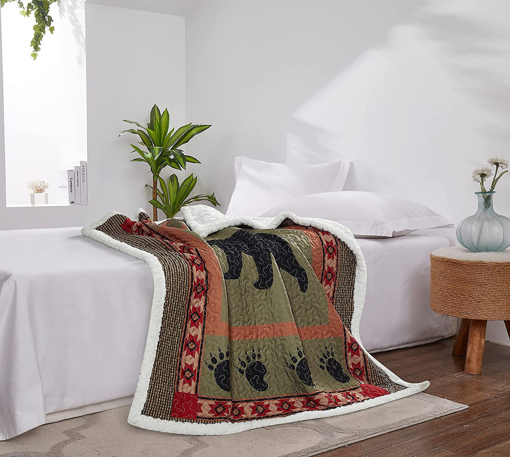 Quilted Bear Rustic Sherpa Throw Blanket For Couch - Bear And Paw Lodge-Themed Throw Quilt