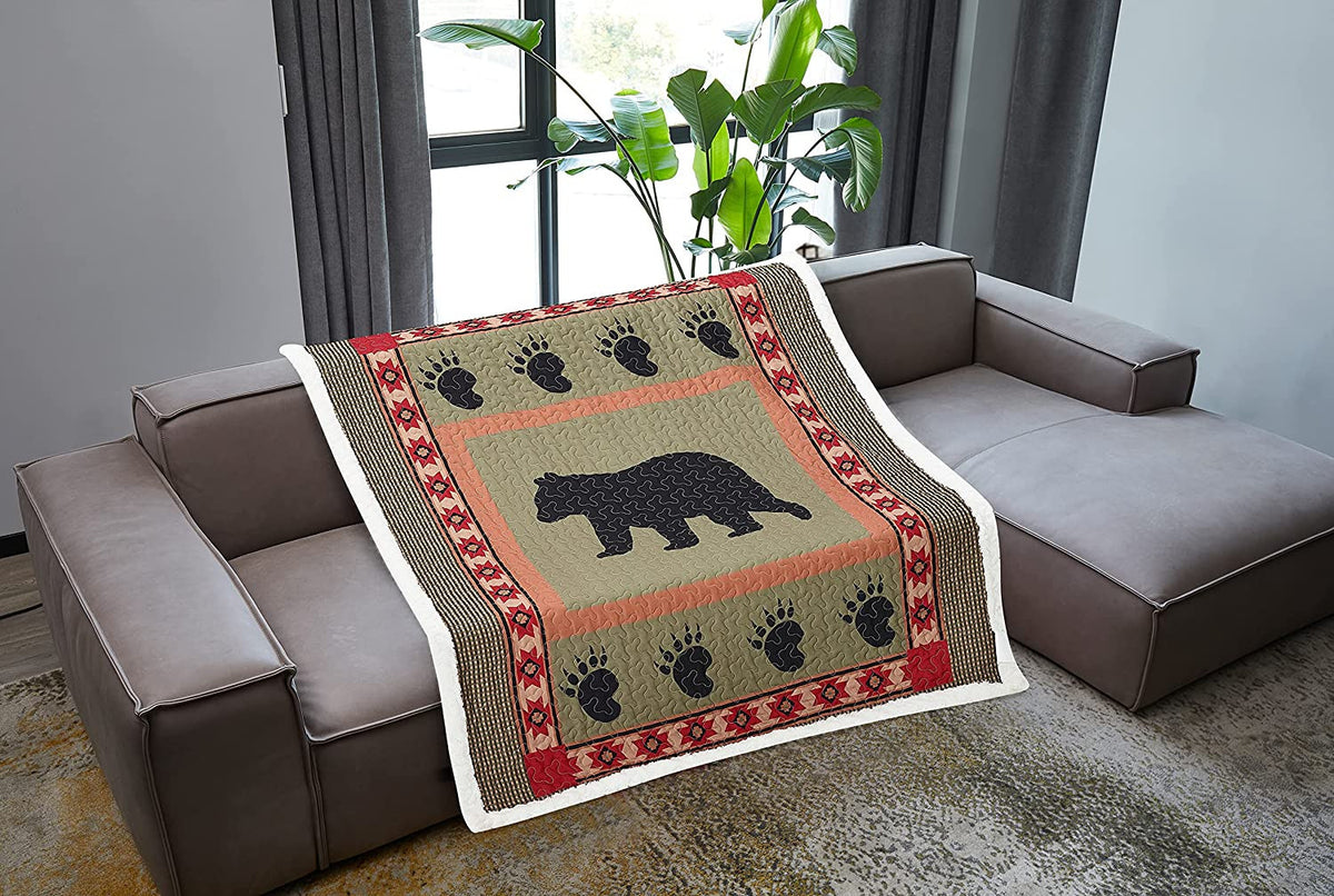 Quilted Bear Rustic Sherpa Throw Blanket For Couch - Bear And Paw Lodge-Themed Throw Quilt