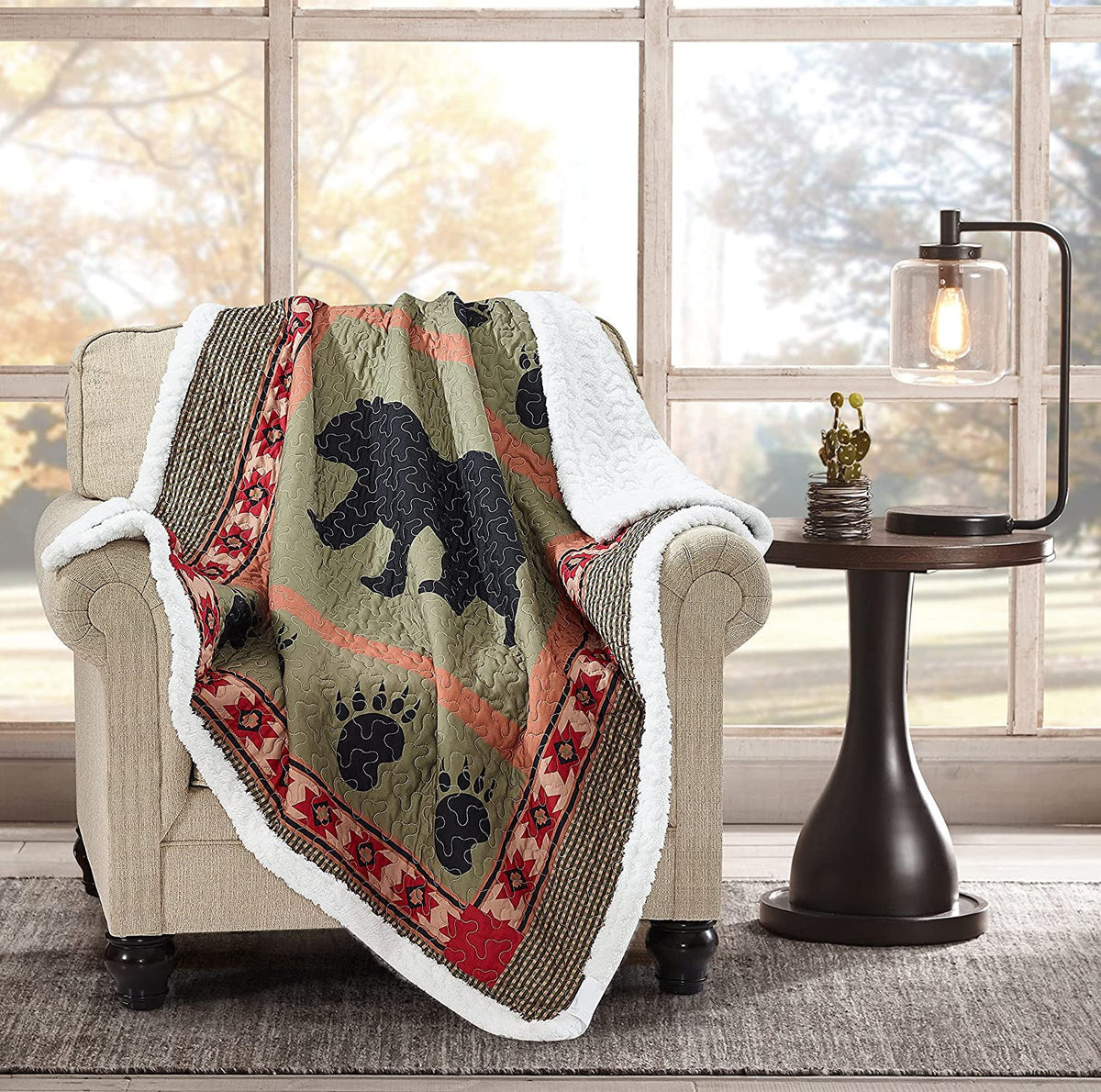 Quilted Bear Rustic Sherpa Throw Blanket For Couch - Bear And Paw Lodge-Themed Throw Quilt