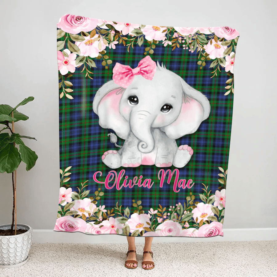 Personalized Baby Blankets, Custom Name Baby Blankets for Girls, Floral Baby Elephant Baby Blankets, Elephant Baby Blanket LTP01