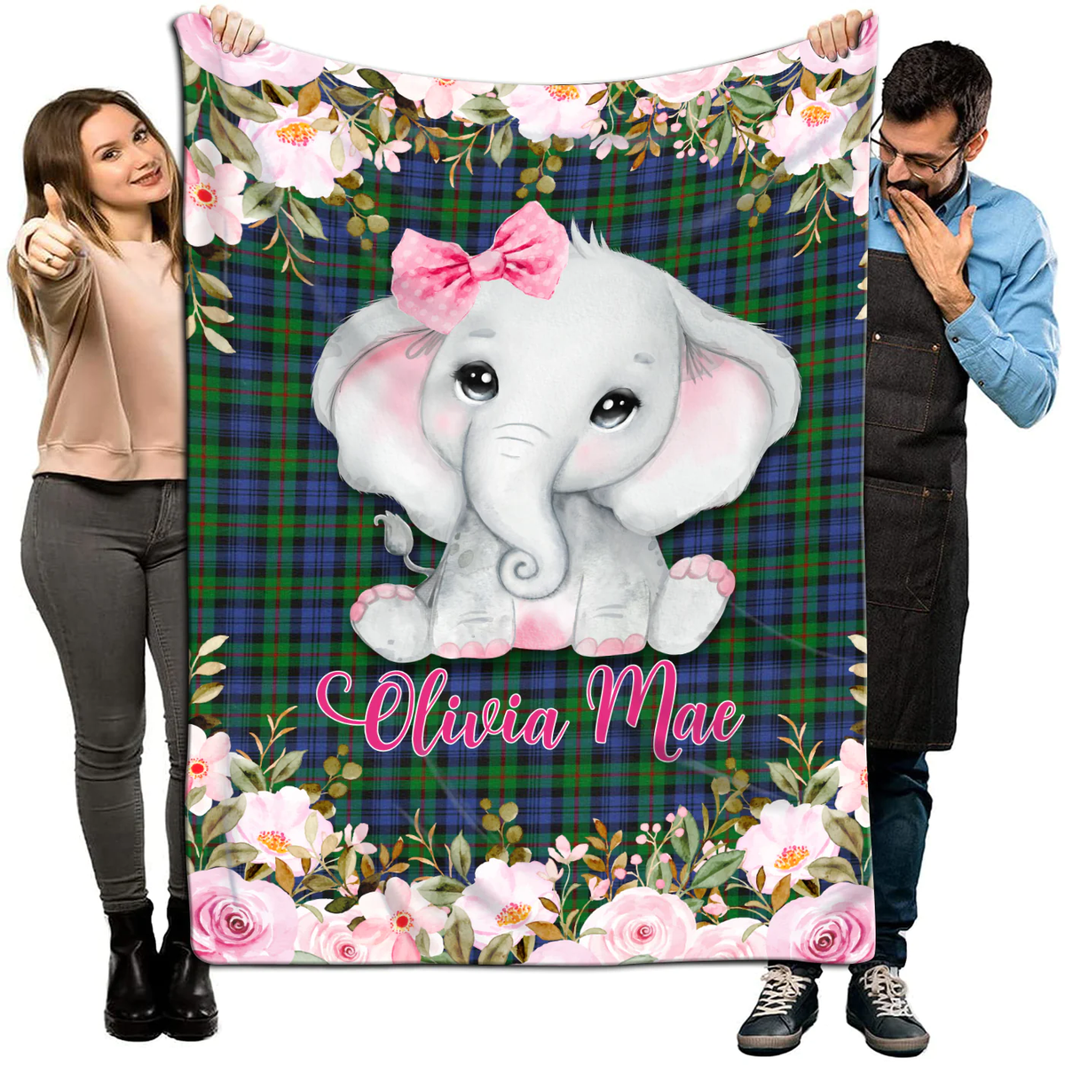 Personalized Baby Blankets, Custom Name Baby Blankets for Girls, Floral Baby Elephant Baby Blankets, Elephant Baby Blanket LTP01