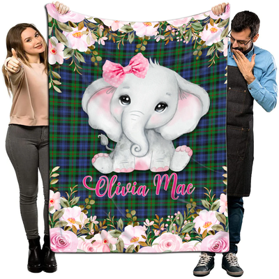Personalized Baby Blankets, Custom Name Baby Blankets for Girls, Floral Baby Elephant Baby Blankets, Elephant Baby Blanket LTP01