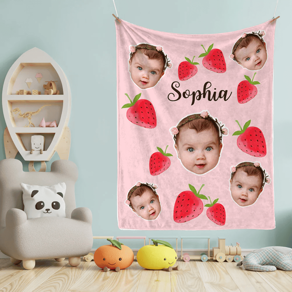 Peronalized Name and Face Baby Cute - Strawberry Blanket for Baby, Blanket Fruit for Kid