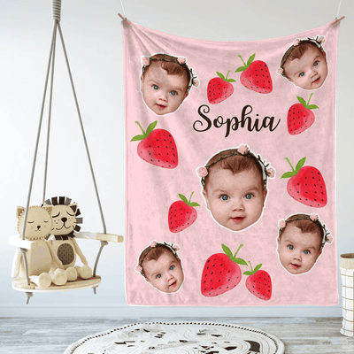 Peronalized Name and Face Baby Cute - Strawberry Blanket for Baby, Blanket Fruit for Kid