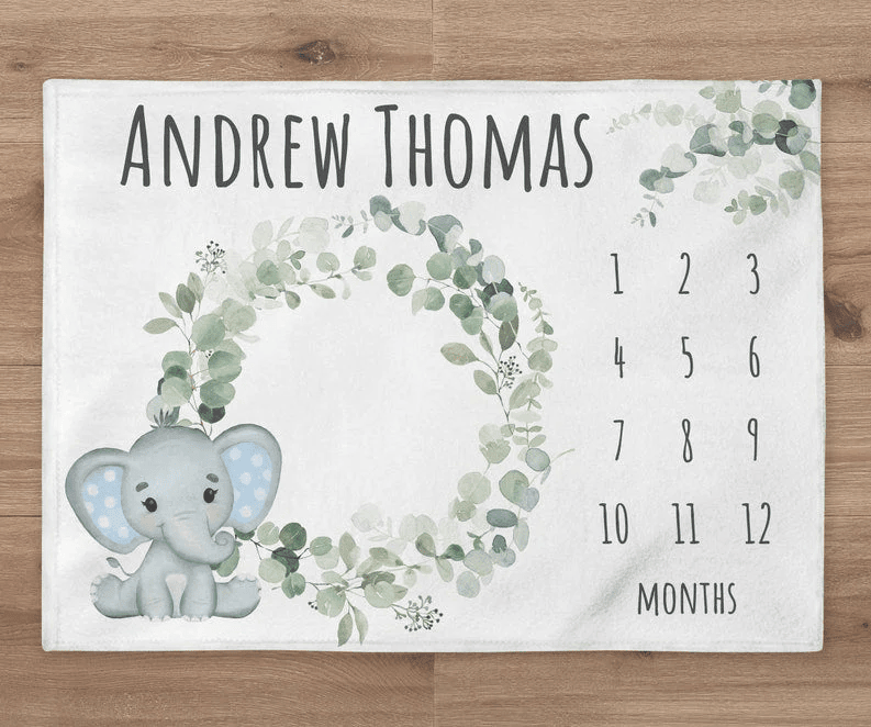 Elephant Blanket Custom Safari Blanket Personalized Greenery Baby Boy Month Blanket Newborn Gift Safari Baby Shower Gift