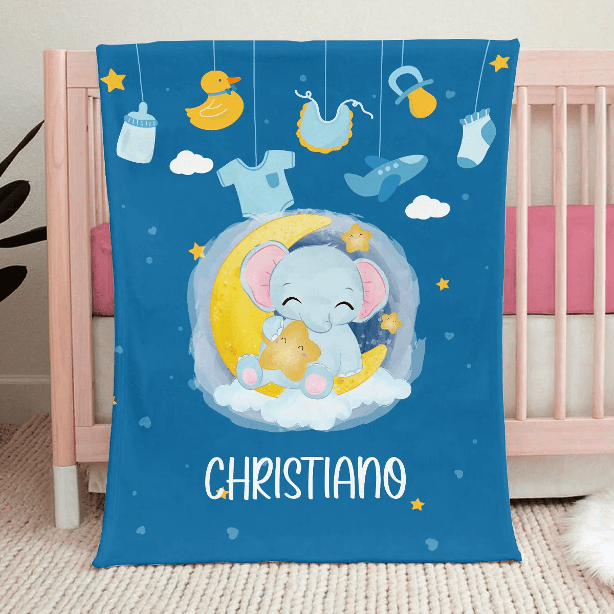 Personalized Baby Blankets with name, Elephant, Giraffe baby blanket Blue navy color for boy and girl baby