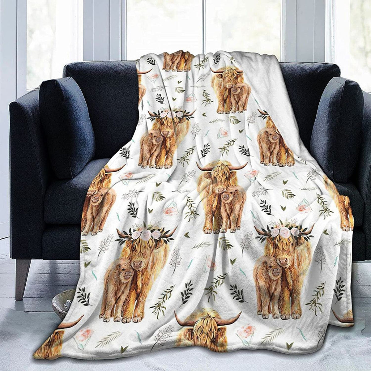 Highland Cow Print Blanket And Throws Cute Rustic Farm Animal Cow And Flowers Throw Blankets Soft Cozy Fleece Plush Warm Flannel Bedding Blanket For Girls Kids Adults Couch Travel
