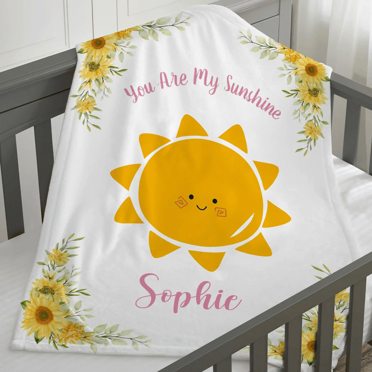 Personalized Baby Blankets with name, you are my sunshine baby blanket White color for boy and girl baby