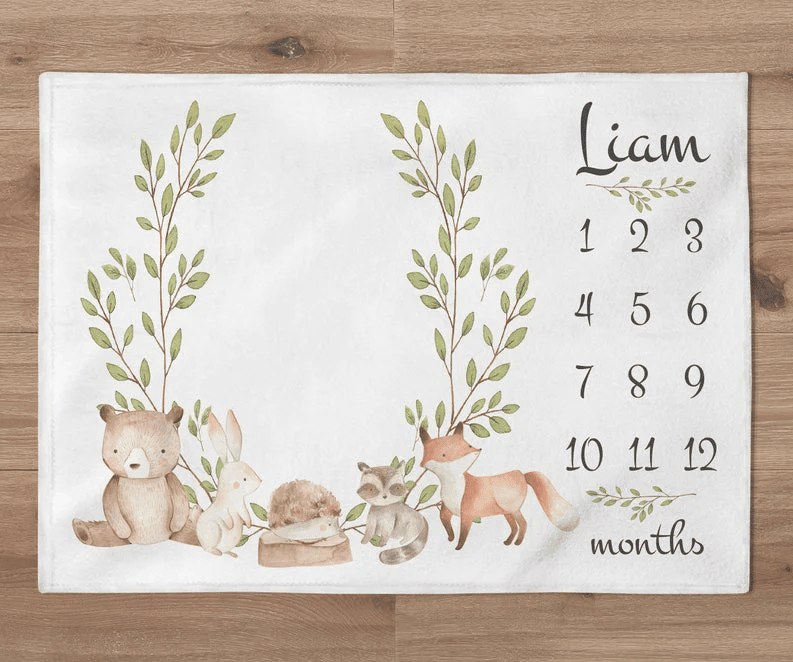 Bear Blanket Custom Woodland Blanket Personalized Forest Animals Baby Boy Month Blanket Newborn Gift Woodland Baby Shower Gift