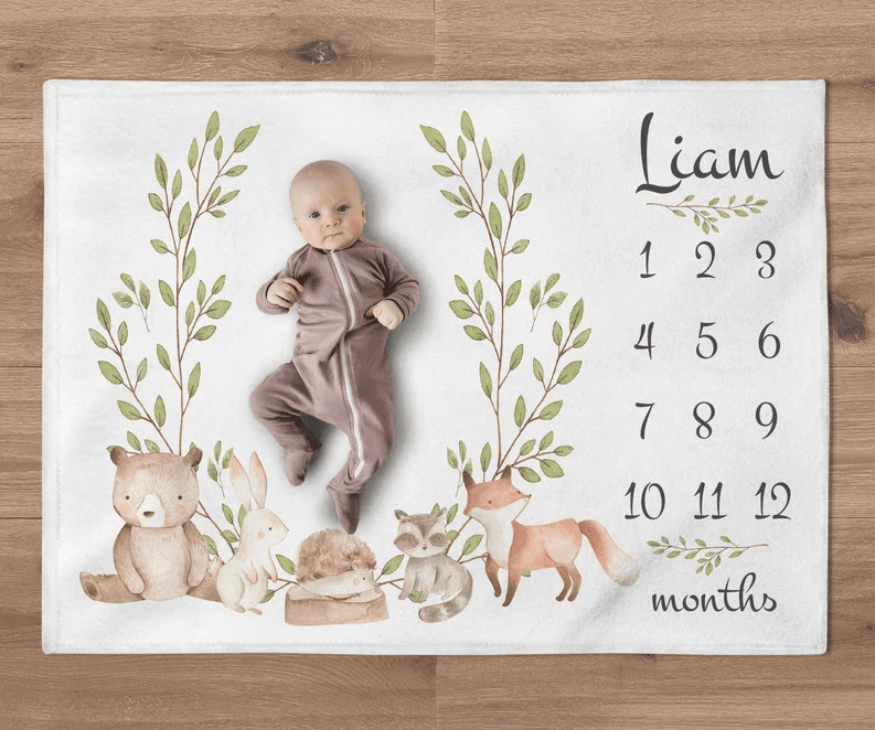 Bear Blanket Custom Woodland Blanket Personalized Forest Animals Baby Boy Month Blanket Newborn Gift Woodland Baby Shower Gift