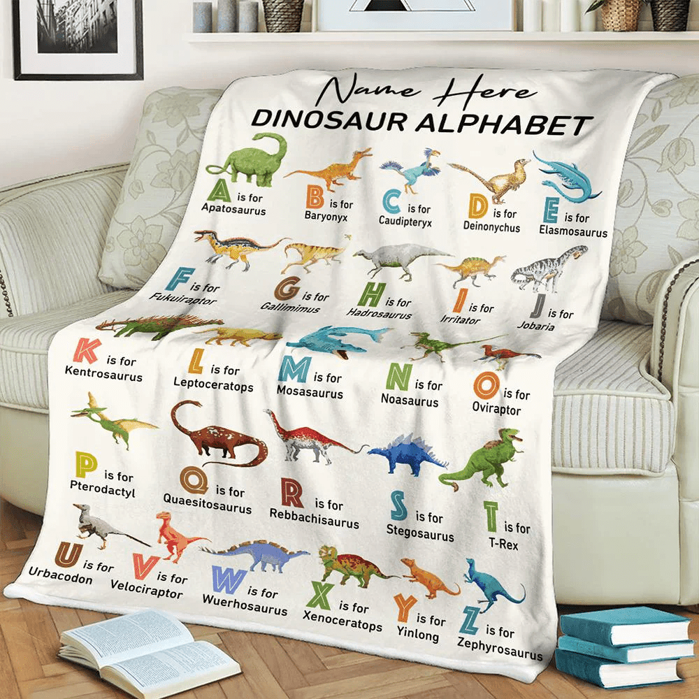 Personalized Dinosaur Alphabet Baby Blanket, Fleece/Sherpa/Woven Baby Dinosaur Blanket Custom Name