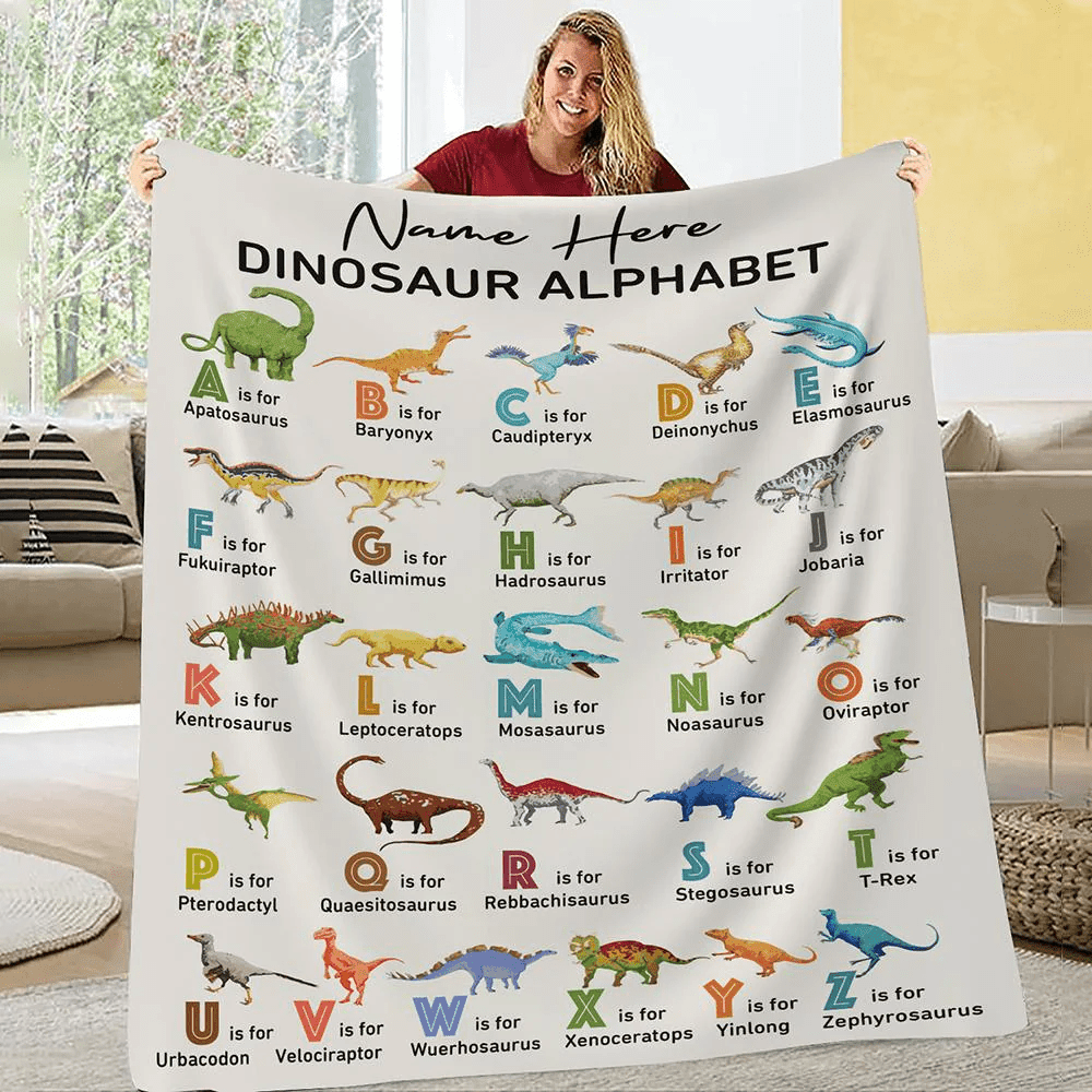 Personalized Dinosaur Alphabet Baby Blanket, Fleece/Sherpa/Woven Baby Dinosaur Blanket Custom Name