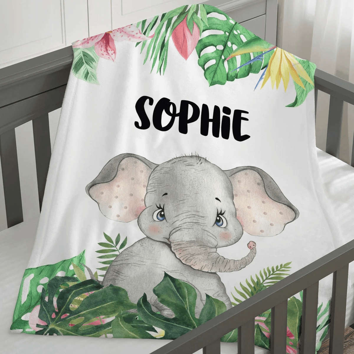 Personalized Baby Blankets with name Elephant, Giraffe baby blanket White color for boy and girl baby
