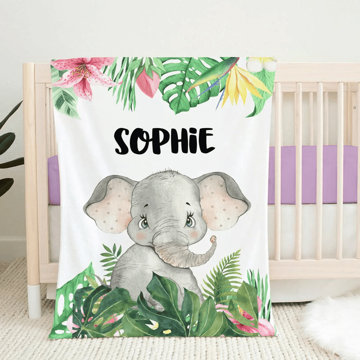 Personalized Baby Blankets with name Elephant, Giraffe baby blanket White color for boy and girl baby
