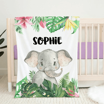Personalized Baby Blankets with name Elephant, Giraffe baby blanket White color for boy and girl baby