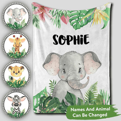 Personalized Baby Blankets with name Elephant, Giraffe baby blanket White color for boy and girl baby