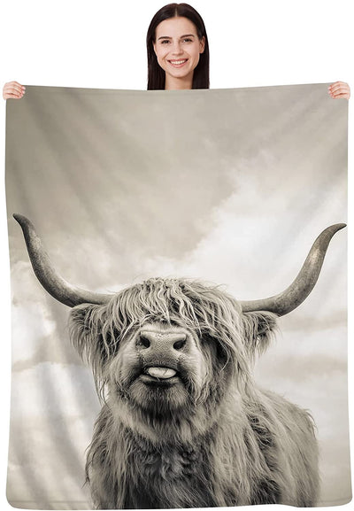 Cow Blanket Long Horn Highland Cow Throw BlanketsBlack And White Cattle Landscape Fleece Plush BlanketUltra Soft Cozy Fuzzy Sofa Flannel Blanket For Couch Bed Sofa