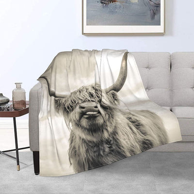Cow Blanket Long Horn Highland Cow Throw BlanketsBlack And White Cattle Landscape Fleece Plush BlanketUltra Soft Cozy Fuzzy Sofa Flannel Blanket For Couch Bed Sofa