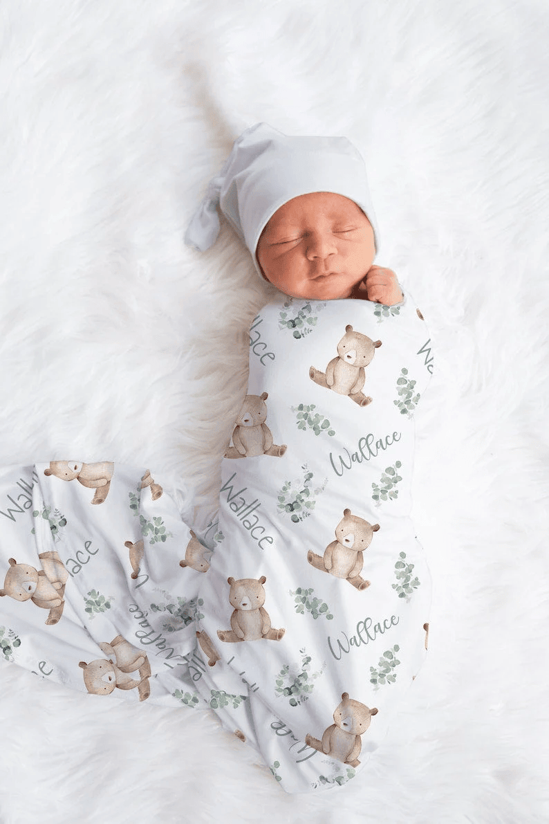 Custom Bear Baby Name Blanket Personalized Baby Boy Woodland New Mom Gift Newborn Gift Woodland Baby Shower Gift