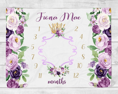 Princess Crown Milestone Blanket Girl Vintage Floral Baby Monthly Milestone Blanket Personalized Princess Blanket Baby Shower Gift