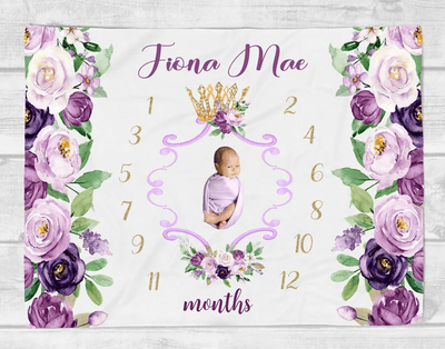 Princess Crown Milestone Blanket Girl Vintage Floral Baby Monthly Milestone Blanket Personalized Princess Blanket Baby Shower Gift