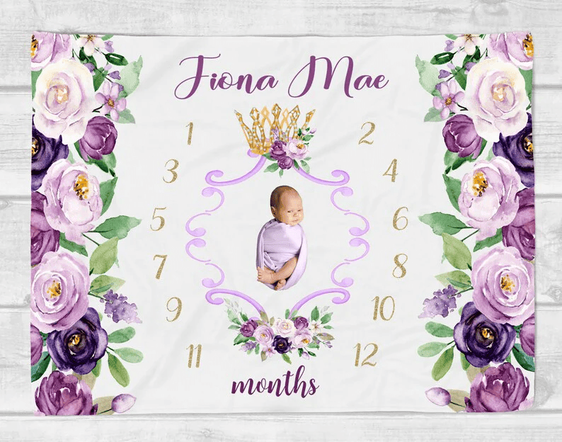 Princess Crown Milestone Blanket Girl Vintage Floral Baby Monthly Milestone Blanket Personalized Princess Blanket Baby Shower Gift