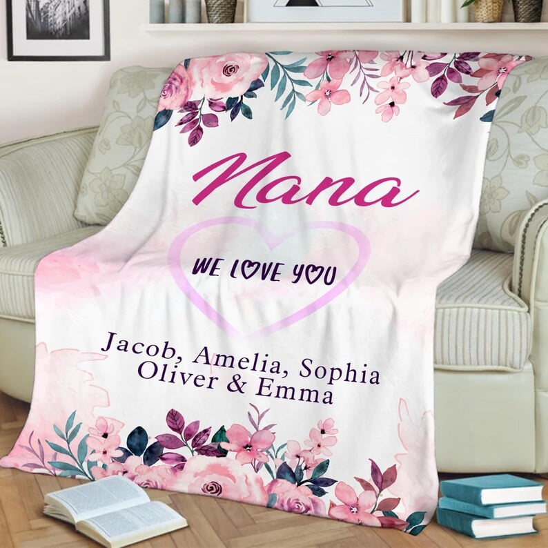 Custom Nana Blanket, Blanket With Grandkids Name Blanket For Grandpa Birthday Gift Personalized Fleece Blanket For Grandparents Family Gifts