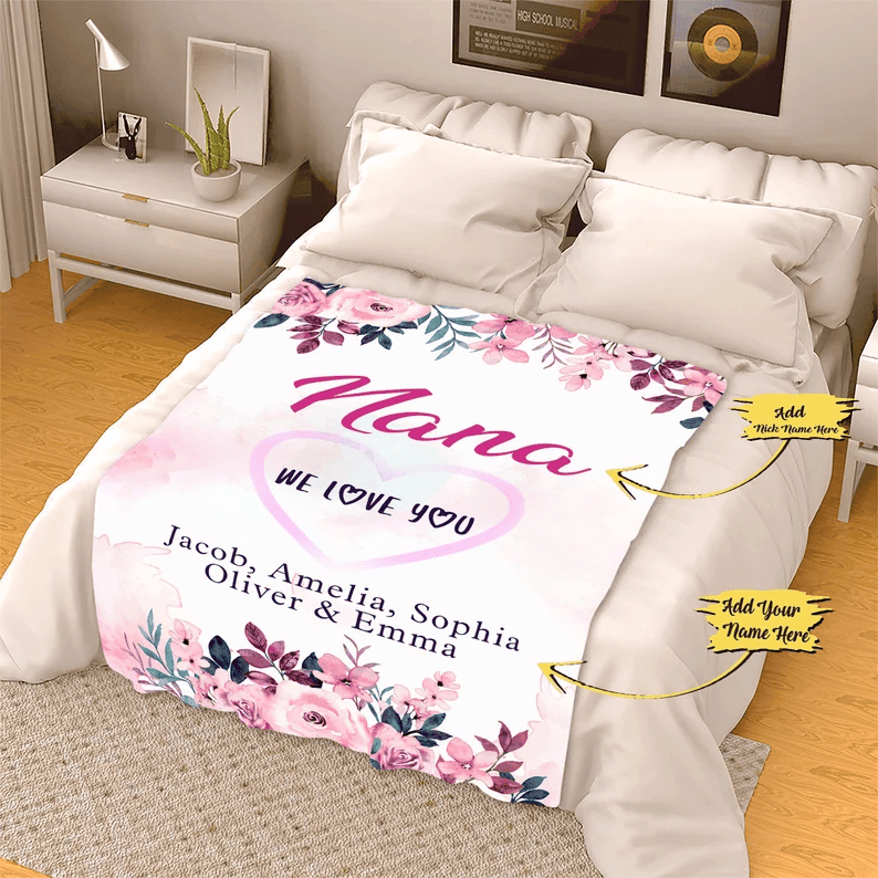 Custom Nana Blanket, Blanket With Grandkids Name Blanket For Grandpa Birthday Gift Personalized Fleece Blanket For Grandparents Family Gifts