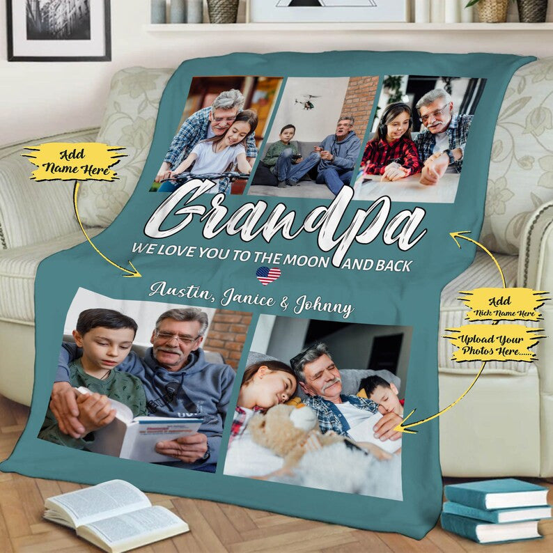 Custom Photo Collage Blanket With Name, Gift For Grandparents Day/Birthday From Grandkids, Grandpa We Love You, Custom Grandpa Photo Blanket