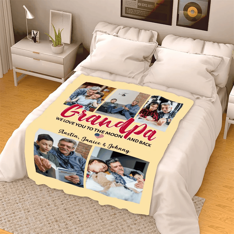 Custom Photo Collage Blanket With Name, Gift For Grandparents Day/Birthday From Grandkids, Grandpa We Love You, Custom Grandpa Photo Blanket
